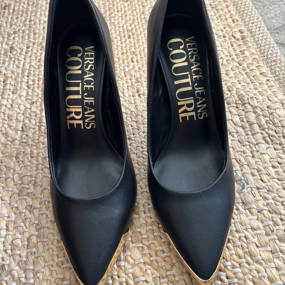 Versace Black Leather Pointed Pumps with Gold Toe Caps - Picture 2 of 11